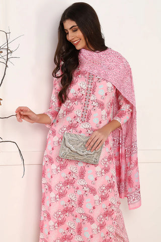 Pink Poly Rayon Floral Print Straight Shape Suit Set with Dupatta