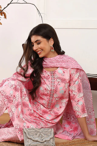 Pink Poly Rayon Floral Print Straight Shape Suit Set with Dupatta