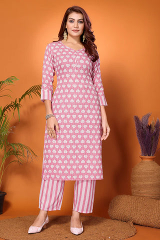 Pink Viscose Printed & Embroidered Kurta Pant Set