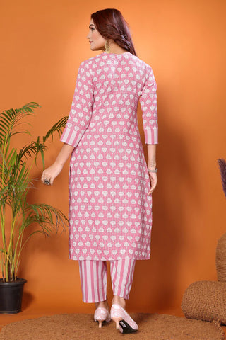 Pink Viscose Printed & Embroidered Kurta Pant Set