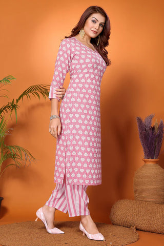 Pink Viscose Printed & Embroidered Kurta Pant Set