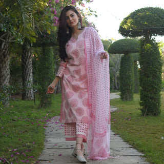 Pink Cotton Printed Straight Shape Suit Set with Chanderi Cotton Dupatta