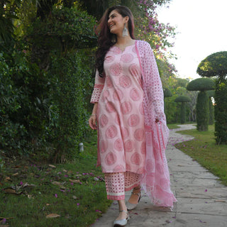 Pink Cotton Printed Straight Shape Suit Set with Chanderi Cotton Dupatta