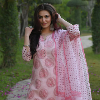 Pink Cotton Printed Straight Shape Suit Set with Chanderi Cotton Dupatta