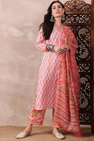 Pink Rayon Blend Floral Print Straight Shape Suit Set with Dupatta