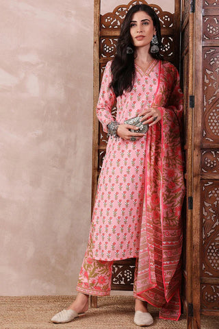 Pink Rayon Blend Floral Print Straight Shape Suit Set with Dupatta