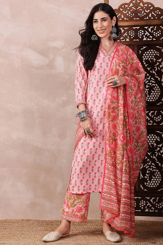 Pink Rayon Blend Floral Print Straight Shape Suit Set with Dupatta