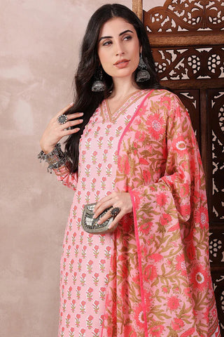 Pink Rayon Blend Floral Print Straight Shape Suit Set with Dupatta