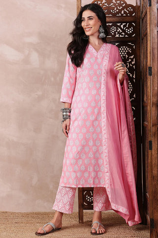 Pink Rayon Blend Floral Print Straight Shape Suit Set with Dupatta