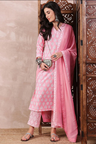 Pink Rayon Blend Floral Print Straight Shape Suit Set with Dupatta