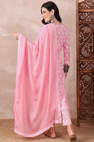 Pink Rayon Blend Floral Print Straight Shape Suit Set with Dupatta