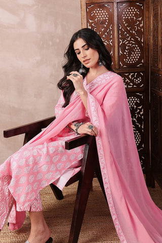 Pink Rayon Blend Floral Print Straight Shape Suit Set with Dupatta