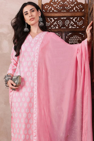 Pink Rayon Blend Floral Print Straight Shape Suit Set with Dupatta