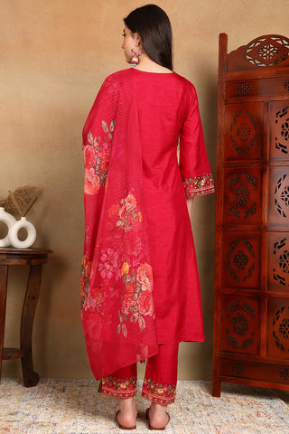 Pink Silk Blend Floral Embroidered Suit Set with Organza Dupatta