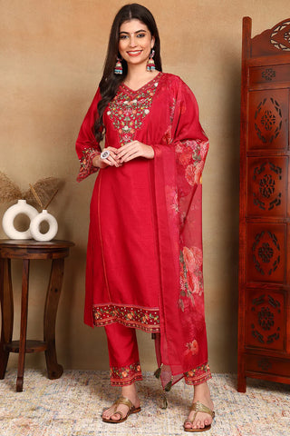 Pink Silk Blend Floral Embroidered Suit Set with Organza Dupatta