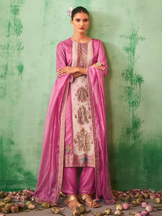 Pink Silk Blend Jacquard Print Straight Shape Suit Set with Organza Dupatta