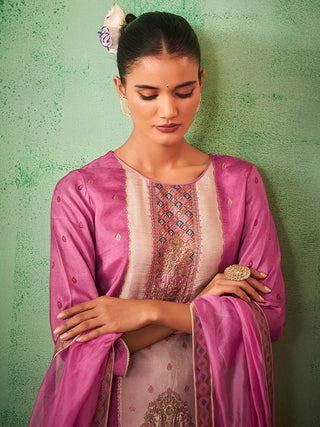 Pink Silk Blend Jacquard Print Straight Shape Suit Set with Organza Dupatta