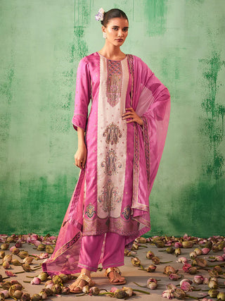 Pink Silk Blend Jacquard Print Straight Shape Suit Set with Organza Dupatta