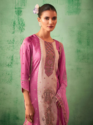 Pink Silk Blend Jacquard Print Straight Shape Suit Set with Organza Dupatta