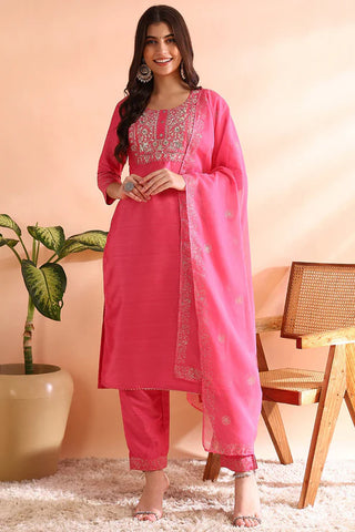 Pink Silk Blend Solid Embroidered & Lace Detailing Straight Shape Suit Set with Dupatta