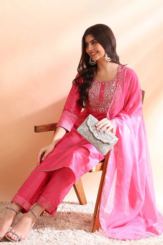 Pink Silk Blend Solid Embroidered & Lace Detailing Straight Shape Suit Set with Dupatta