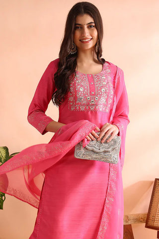 Pink Silk Blend Solid Embroidered & Lace Detailing Straight Shape Suit Set with Dupatta