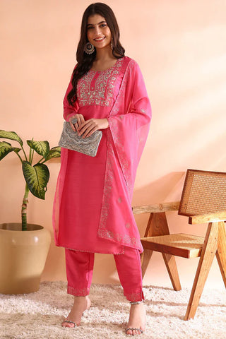 Pink Silk Blend Solid Embroidered & Lace Detailing Straight Shape Suit Set with Dupatta