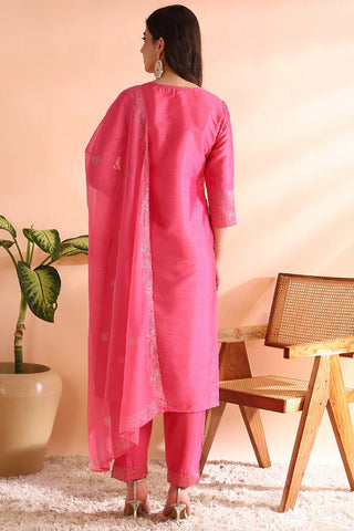 Pink Silk Blend Solid Embroidered & Lace Detailing Straight Shape Suit Set with Dupatta