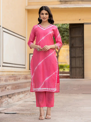 Pink Silk Blend Tie Dye Leheriya Straight Cut Kurta Trouser Set