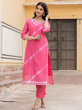 Pink Silk Blend Tie Dye Leheriya Straight Cut Kurta Trouser Set