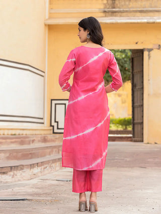 Pink Silk Blend Tie Dye Leheriya Straight Cut Kurta Trouser Set