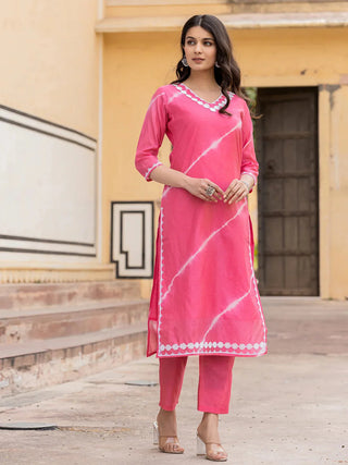 Pink Silk Blend Tie Dye Leheriya Straight Cut Kurta Trouser Set