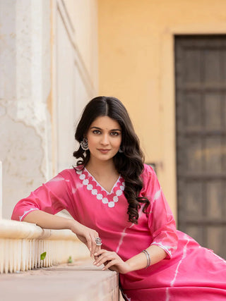 Pink Silk Blend Tie Dye Leheriya Straight Cut Kurta Trouser Set