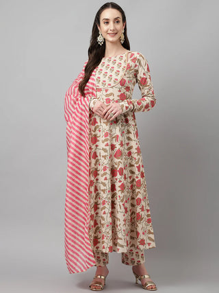 Beige & Pink Cotton Floral Print Suit Set with Chanderi Dupatta