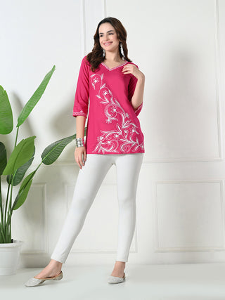 Pink Rayon Embroidered Short Kurta