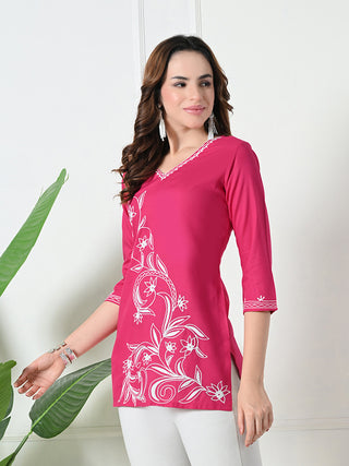 Pink Rayon Embroidered Short Kurta