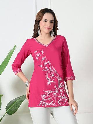 Pink Rayon Embroidered Short Kurta