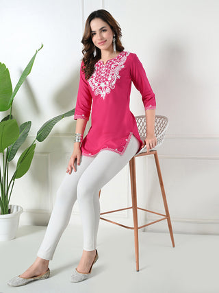 Pink Rayon Embroidered Short Kurta