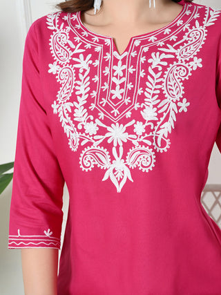Pink Rayon Embroidered Short Kurta