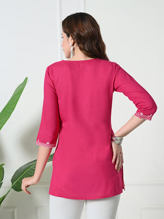 Pink Rayon Embroidered Short Kurta