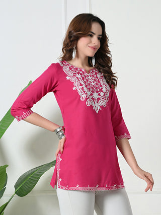 Pink Rayon Embroidered Short Kurta