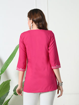 Pink Rayon Embroidered Short Kurta
