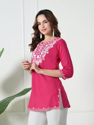 Pink Rayon Embroidered Short Kurta