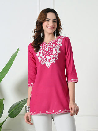 Pink Rayon Embroidered Short Kurta