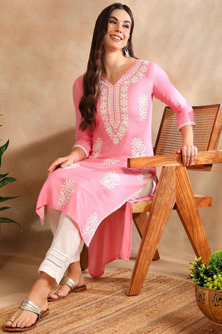 Pink & White Viscose Rayon Floral Embroidered Chikankari Detailing Straight Shape Kurta