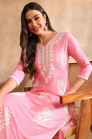 Pink & White Viscose Rayon Floral Embroidered Chikankari Detailing Straight Shape Kurta