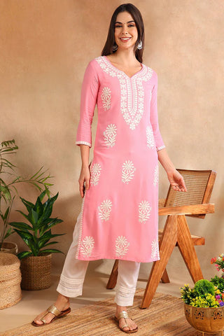 Pink & White Viscose Rayon Floral Embroidered Chikankari Detailing Straight Shape Kurta