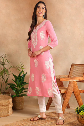 Pink & White Viscose Rayon Floral Embroidered Chikankari Detailing Straight Shape Kurta