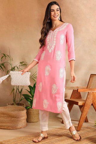 Pink & White Viscose Rayon Floral Embroidered Chikankari Detailing Straight Shape Kurta