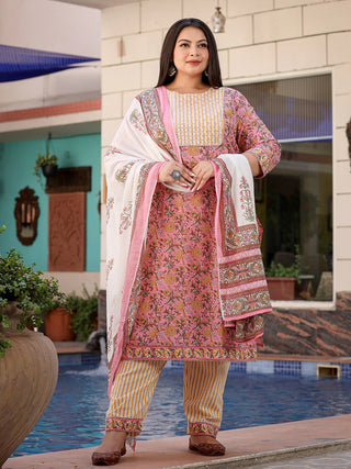 Pink Cotton Ethnic Motif Print Straight Shape Suit Set with Voile Dupatta